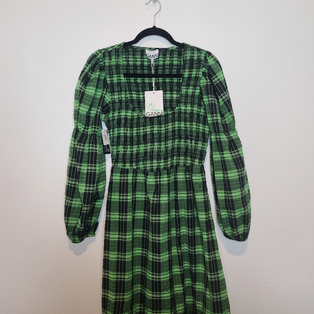 GANNI Seersucker Checked Smocked Maxi Dress in Green NWT Size 40 - Picture 4 of 14